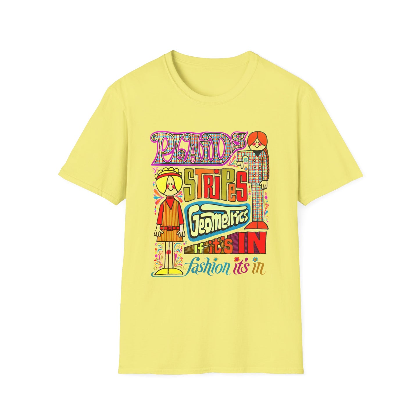 late 1960s fashion it's in advertisement for plaids, stripes, and geometrics tshirt