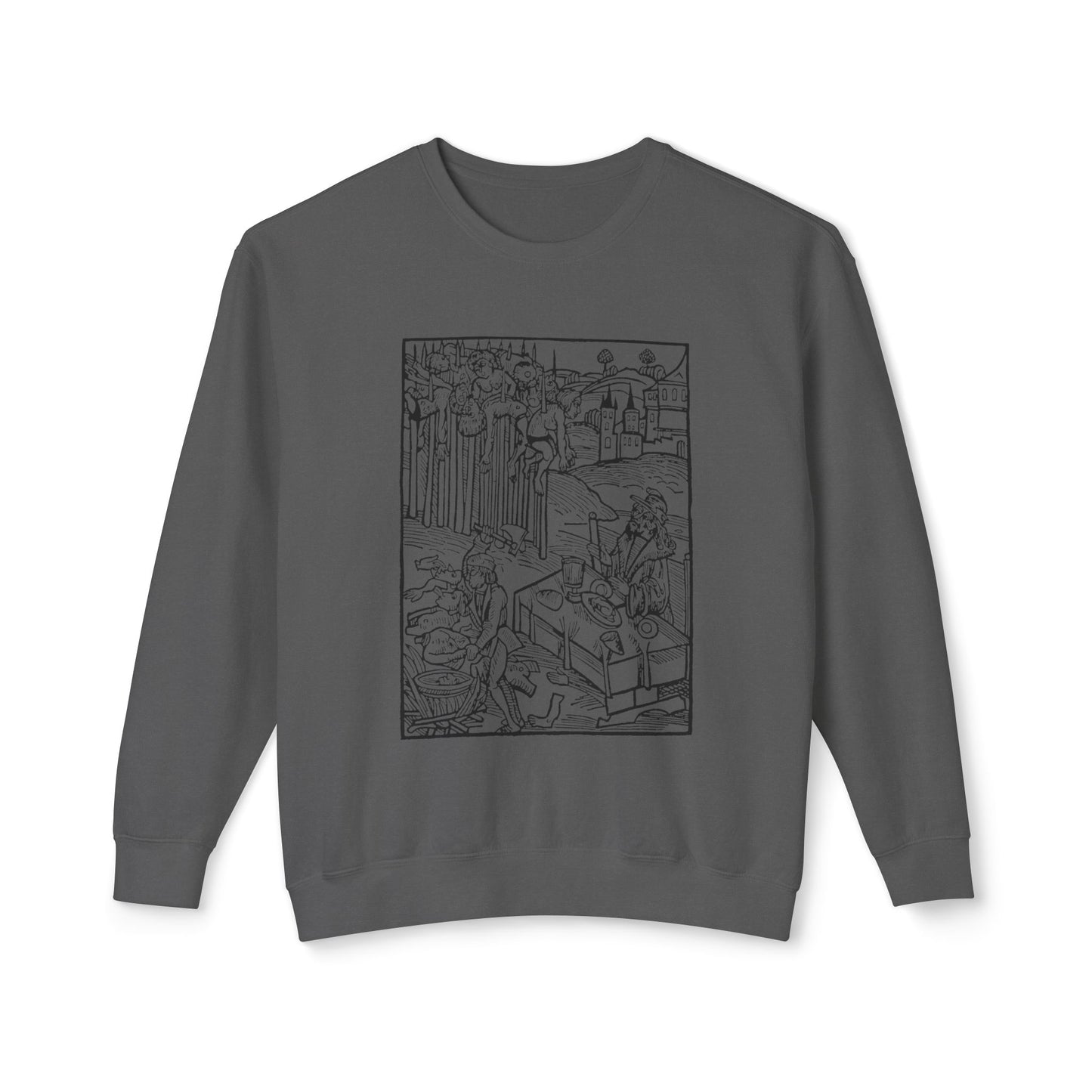 vlad the impaler dining near the mutilated bodies of his victims 1499 german woodcut by ambrosius huber 100% cotton sweatshirt