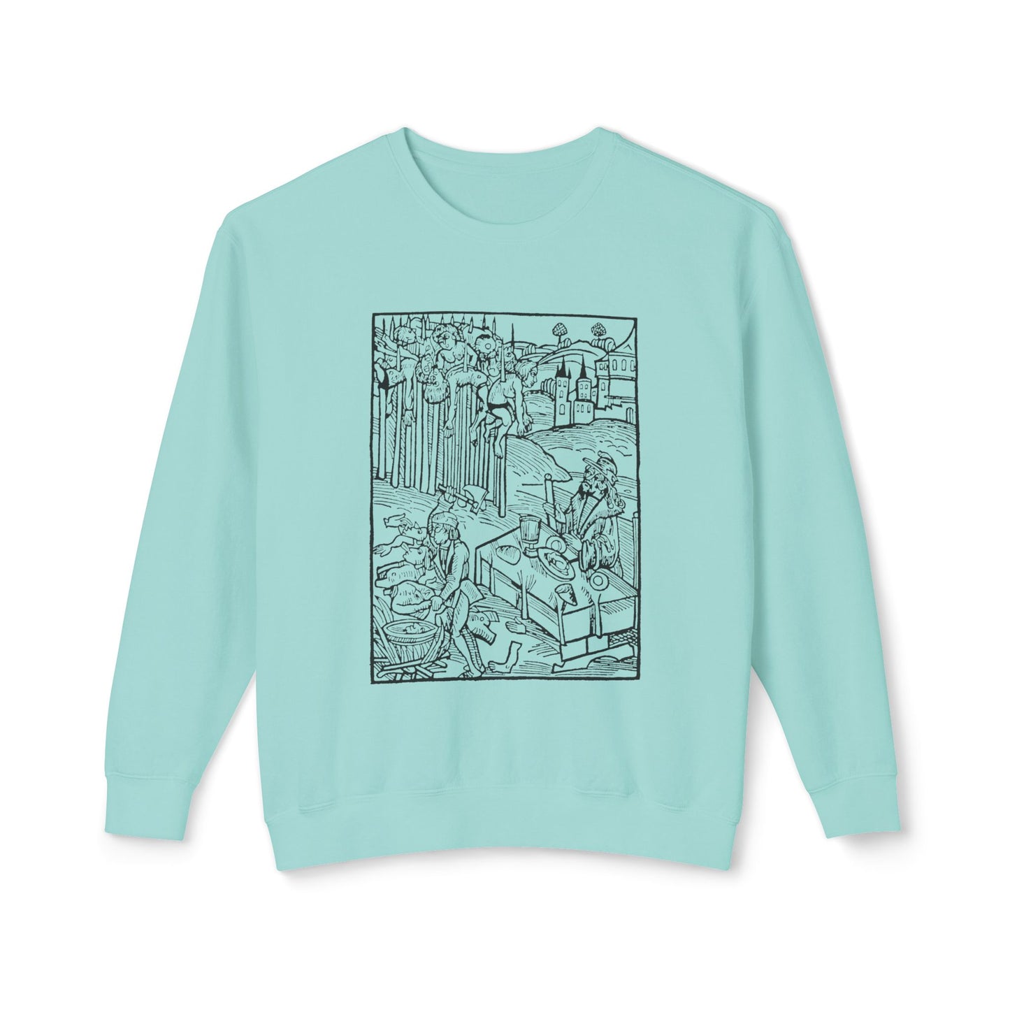 vlad the impaler dining near the mutilated bodies of his victims 1499 german woodcut by ambrosius huber 100% cotton sweatshirt