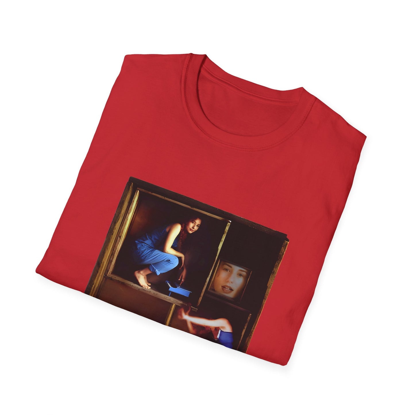 tori amos on a shelf in a crate playing a small piano surrounded by other amos's on a tshirt