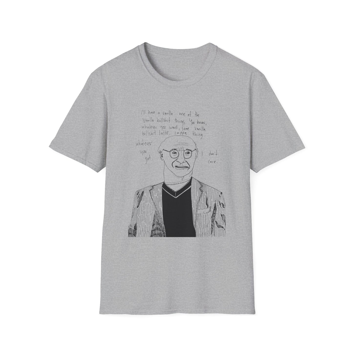 original drawing larry david ordering a vanilla latte bullshit thing on a tshirt