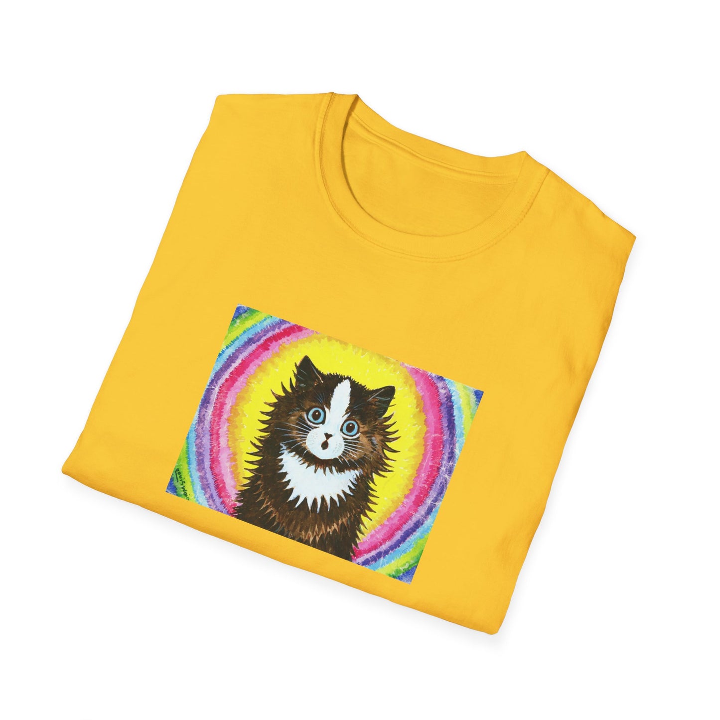 louis wain cat in a rainbow watercolour and gouache on paper reproduction tshirt