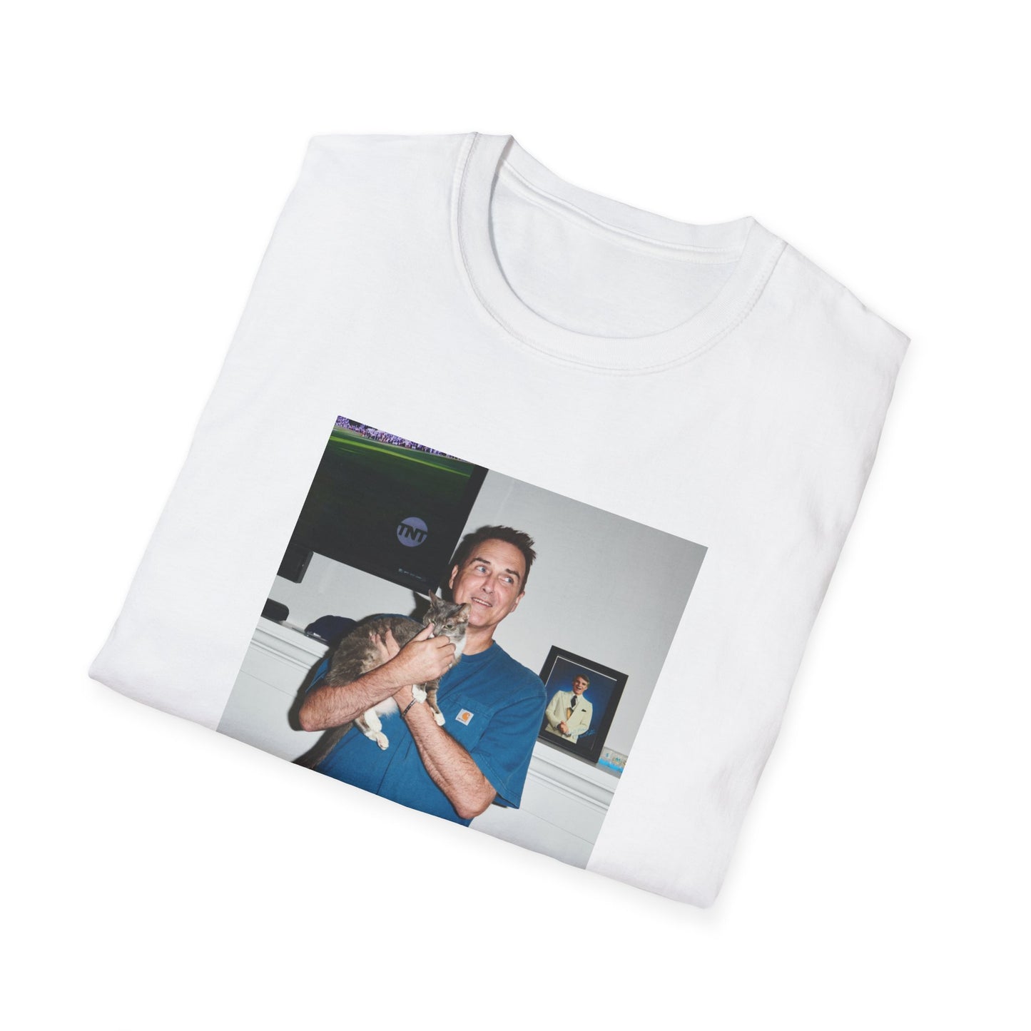 norm macdonald and his cat in front of a framed picture of steve martin close up tshirt