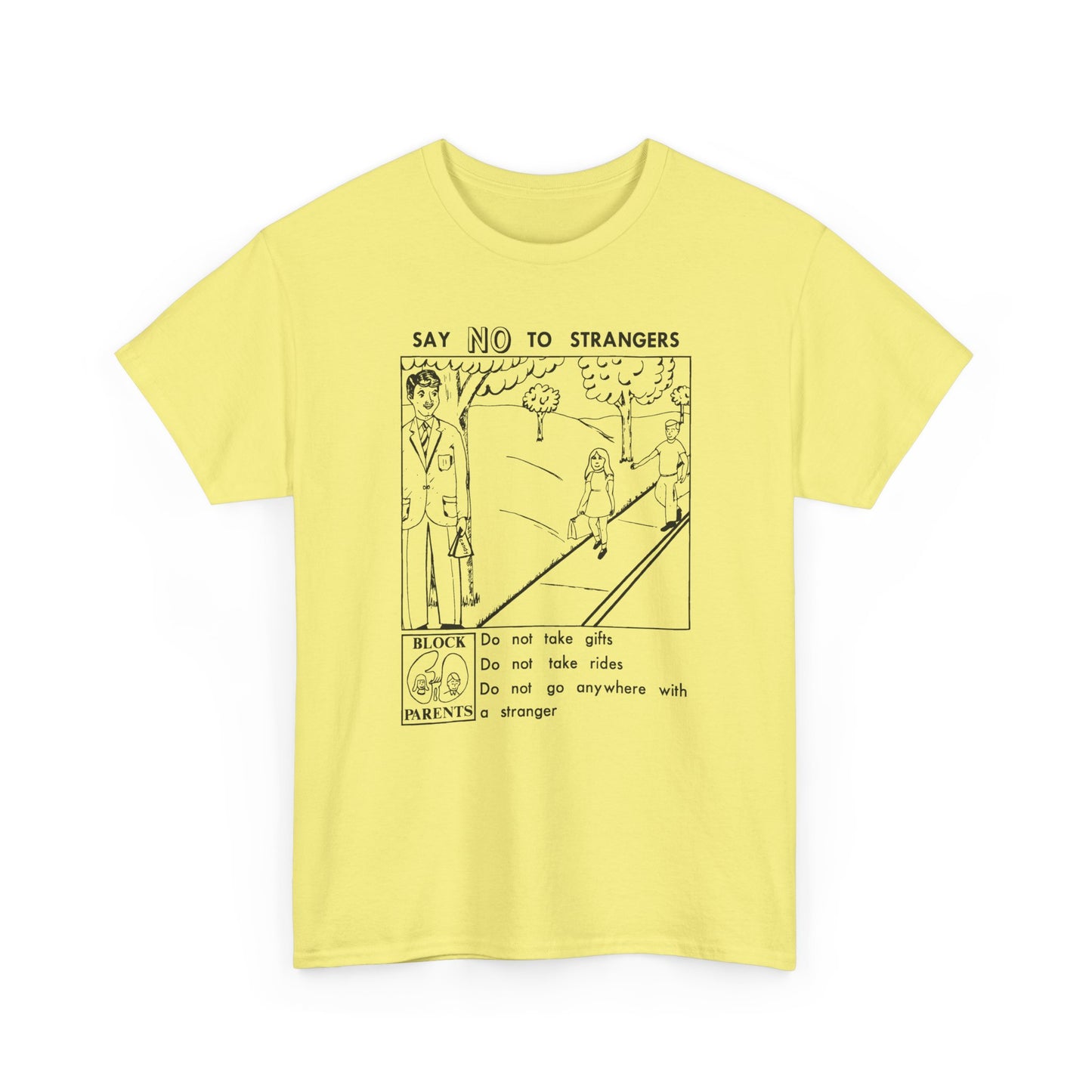 vintage block parents graphic say no to strangers reproduction tshirt