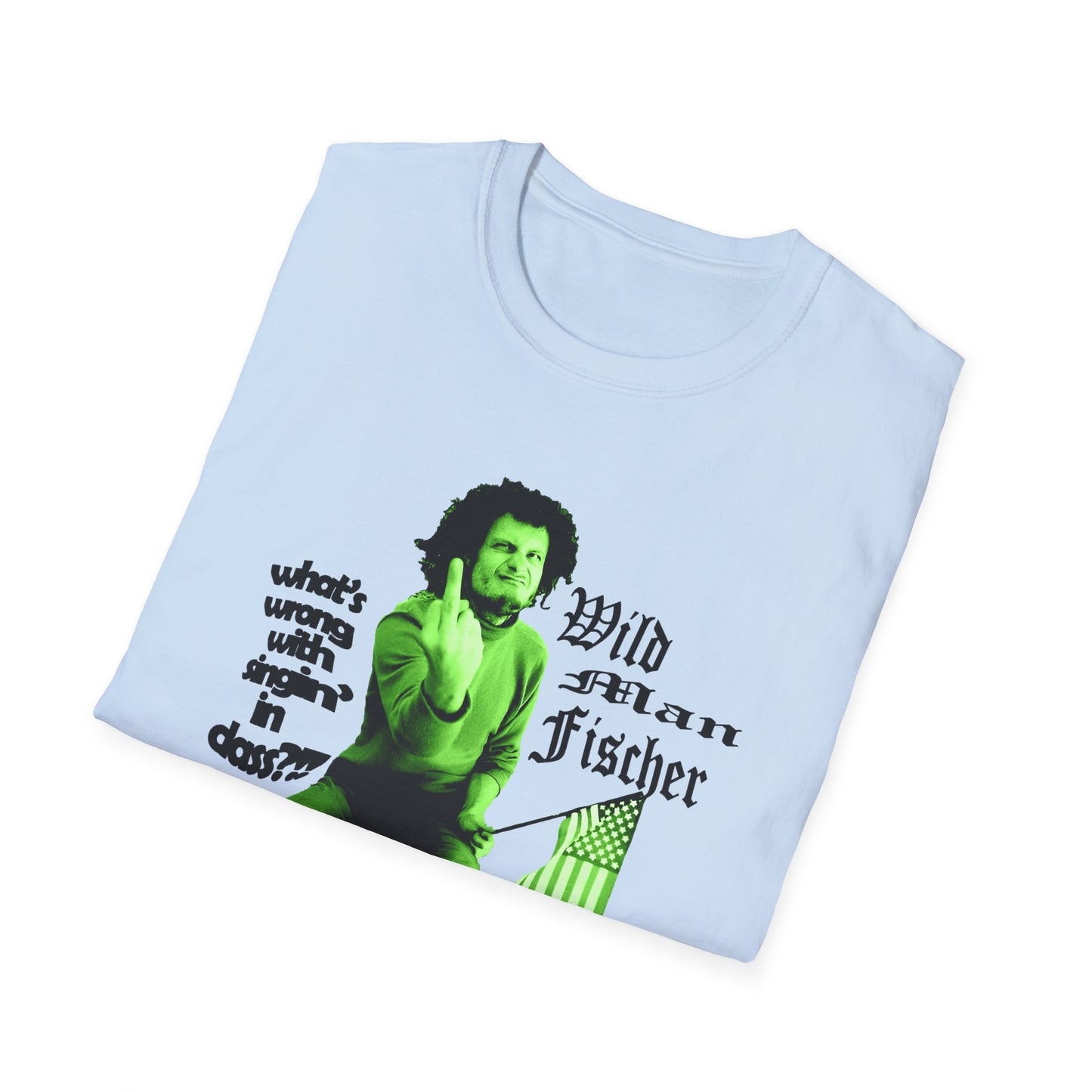 wild man fischer middle finger in green tshirt