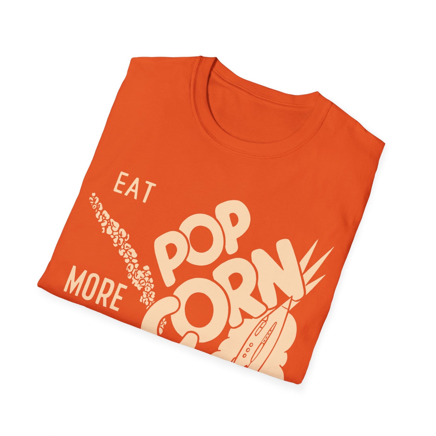 1950s popcorn box logo "eat popcorn more and more and more out of this world!" tshirt