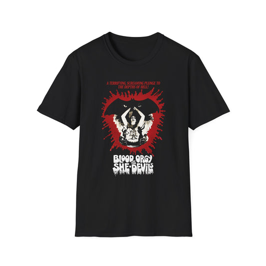 1973 b movie blood orgy of the she devils tshirt