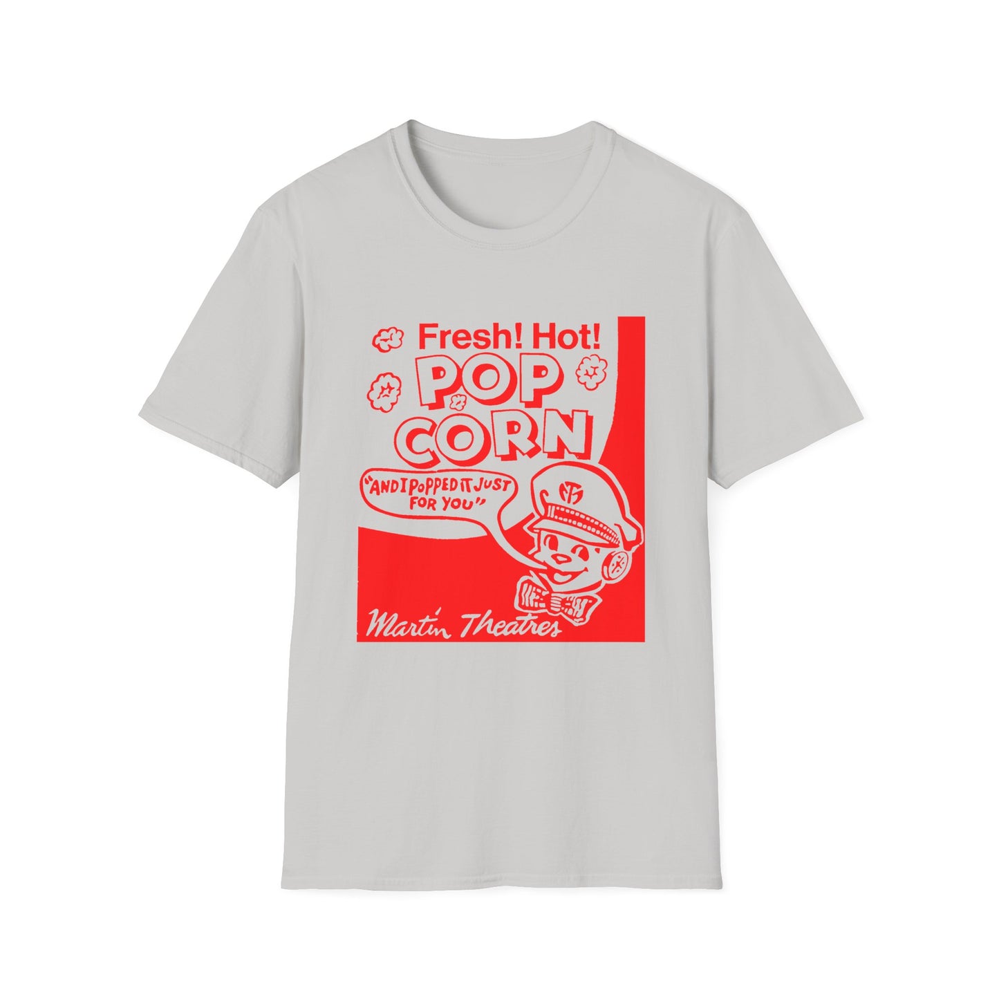 1940s popcorn box logo for martin theatres with a cute little popcorn mascot tshirt