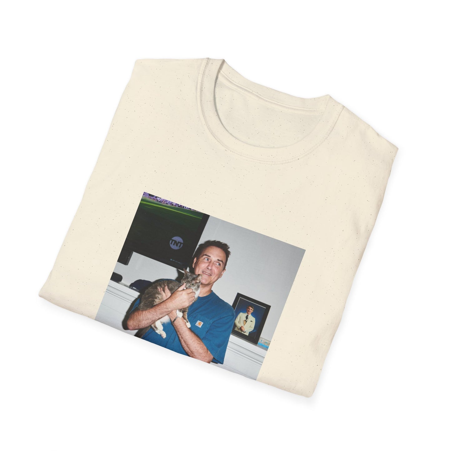 norm macdonald and his cat in front of a framed picture of steve martin close up tshirt