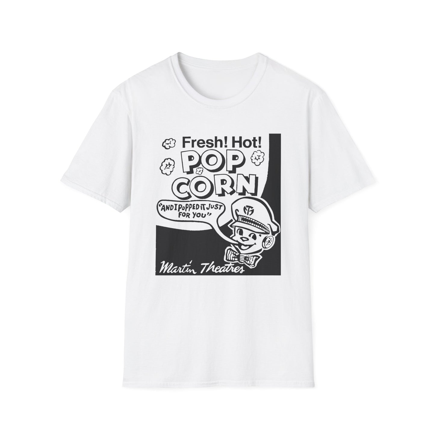 1940s popcorn box logo for martin theatres with a cute little popcorn mascot tshirt