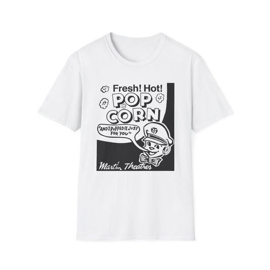 1940s popcorn box logo for martin theatres with a cute little popcorn mascot tshirt