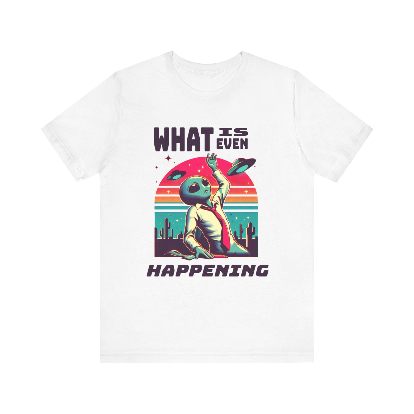 what is even happening floating businessman alien tshirt