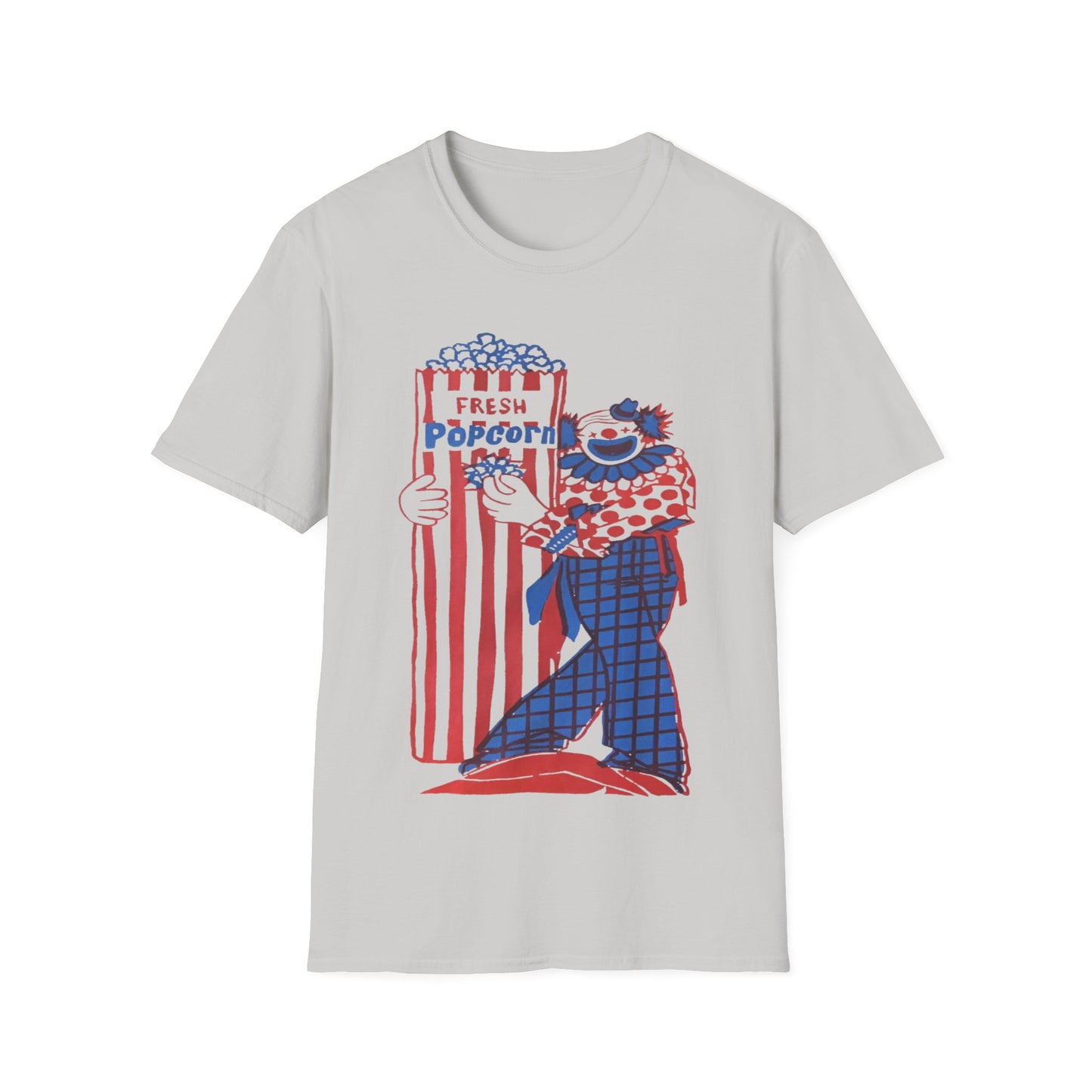 1960s popcorn box logo with a clown mascot tshirt