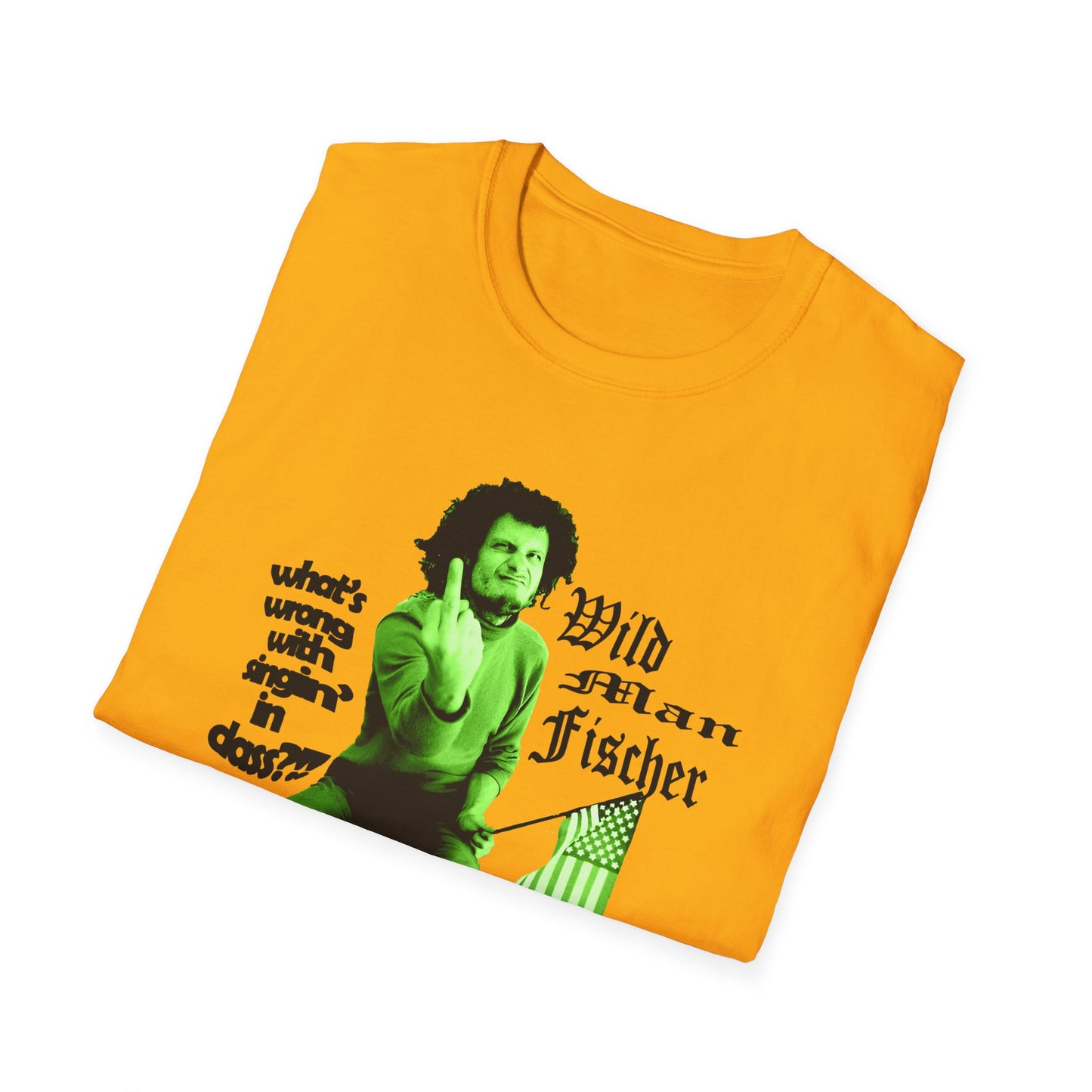 wild man fischer middle finger in green tshirt
