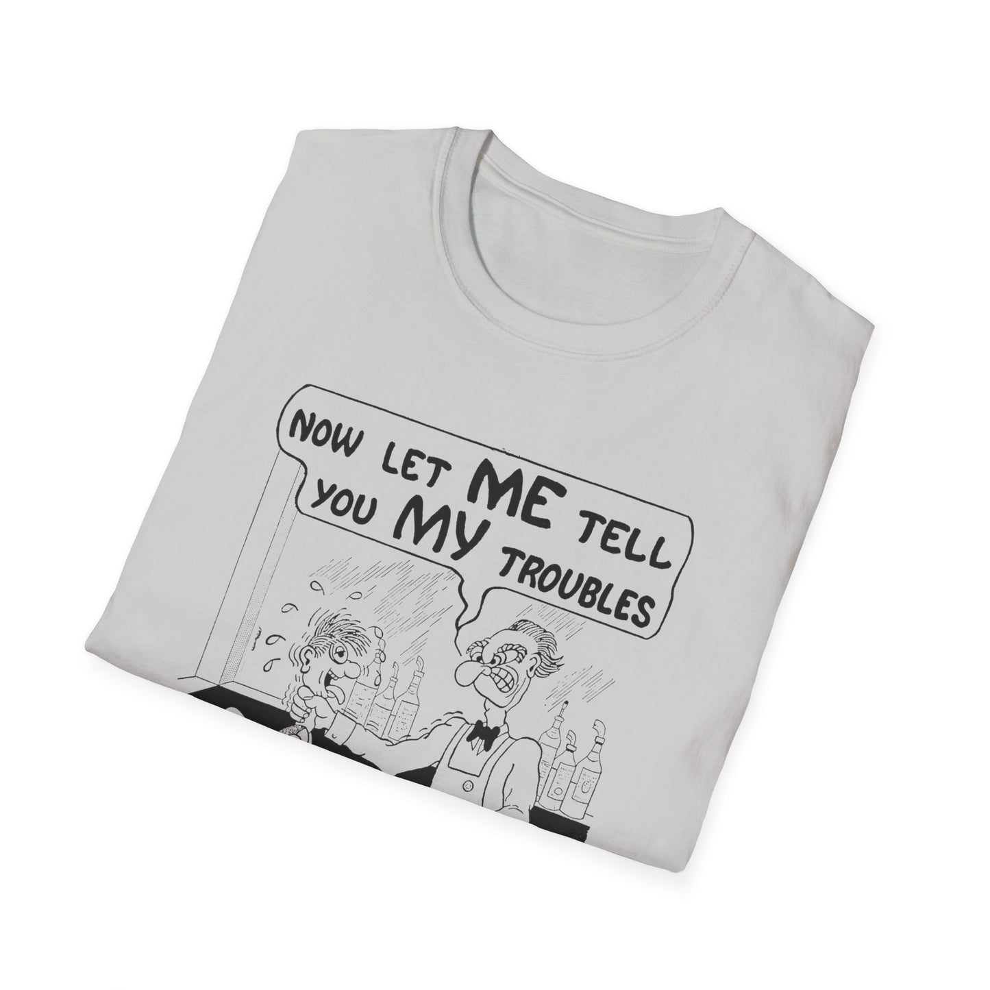 vintage postcard comic now let me tell you my troubles bartender tshirt