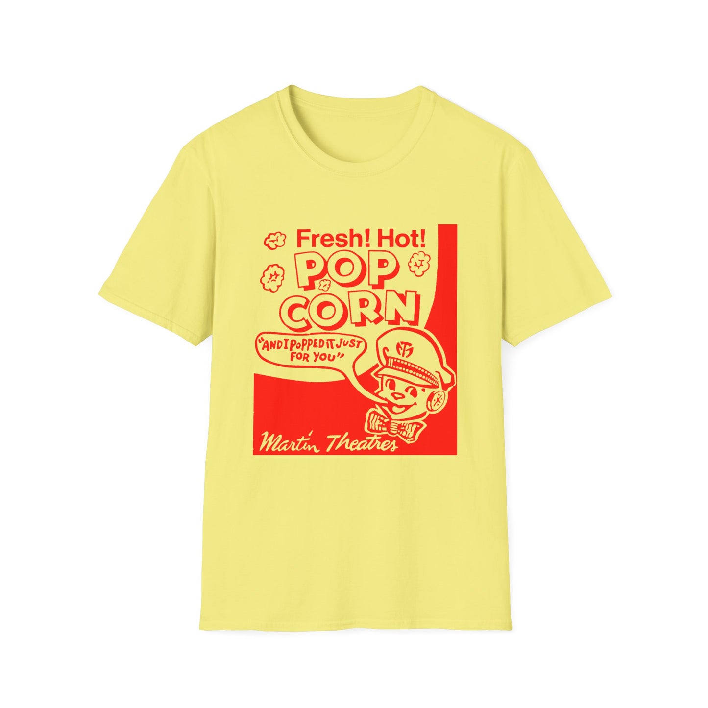 1940s popcorn box logo for martin theatres with a cute little popcorn mascot tshirt