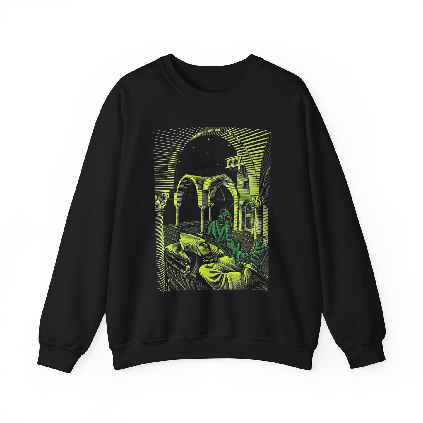 m.c escher dream (mantis religiosa) wood engraving (colorized) gildan 18000 sweatshirt