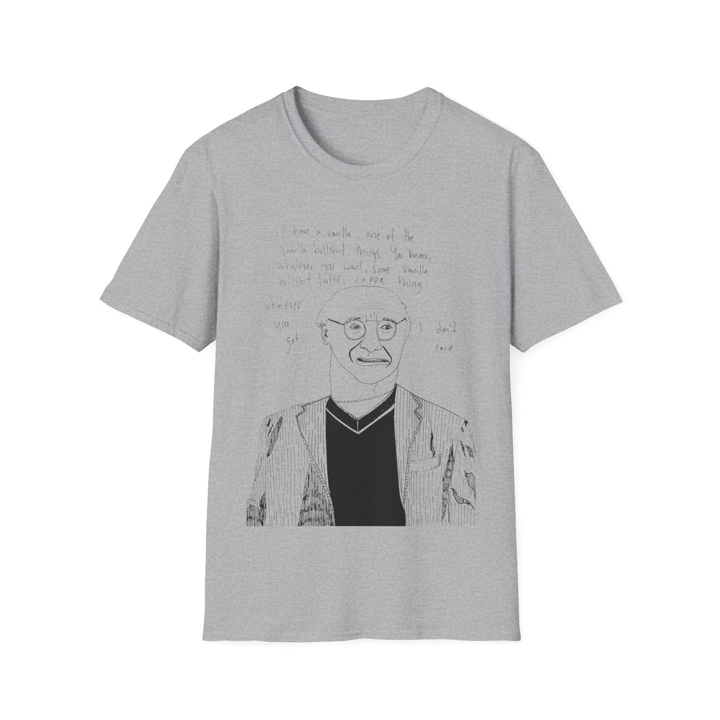 original drawing larry david ordering a vanilla latte bullshit thing on a tshirt