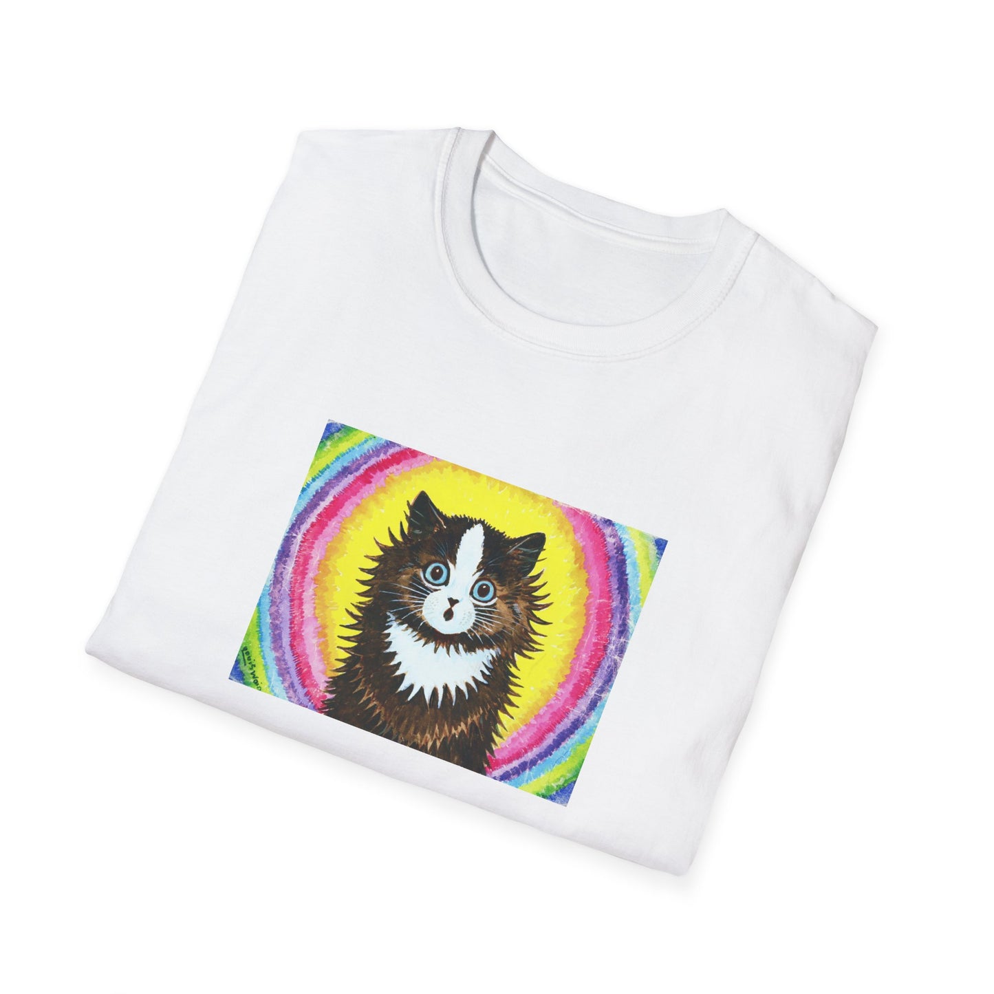 louis wain cat in a rainbow watercolour and gouache on paper reproduction tshirt