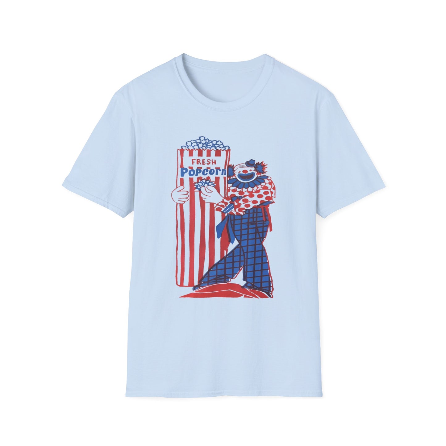 1960s popcorn box logo with a clown mascot tshirt