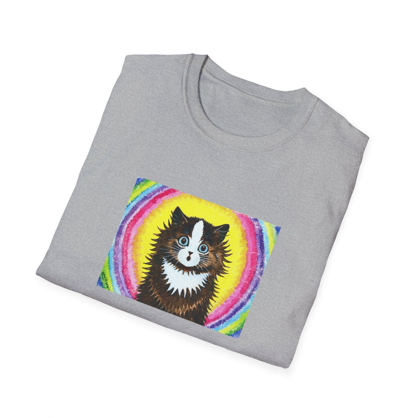 louis wain cat in a rainbow watercolour and gouache on paper reproduction tshirt
