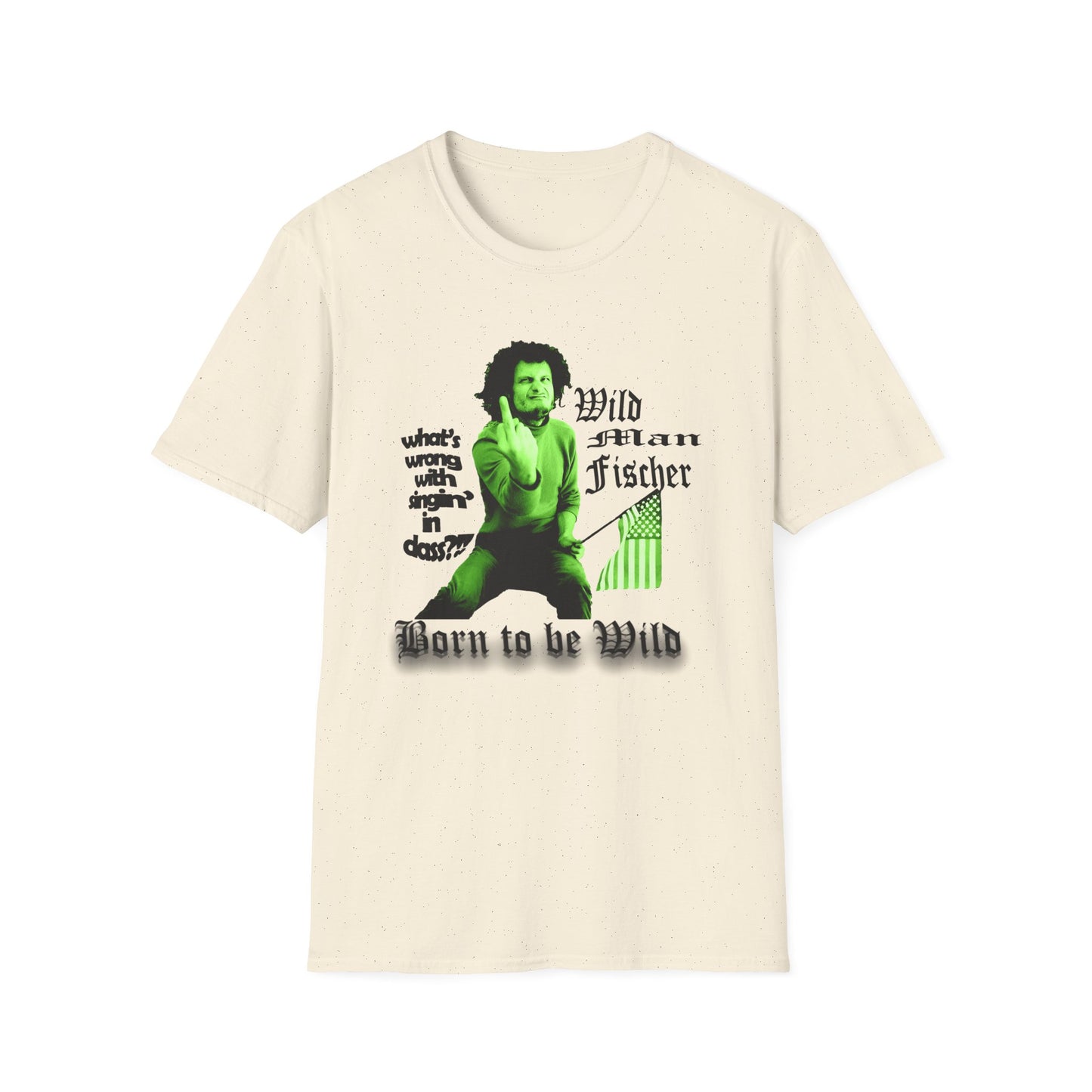 wild man fischer middle finger in green tshirt