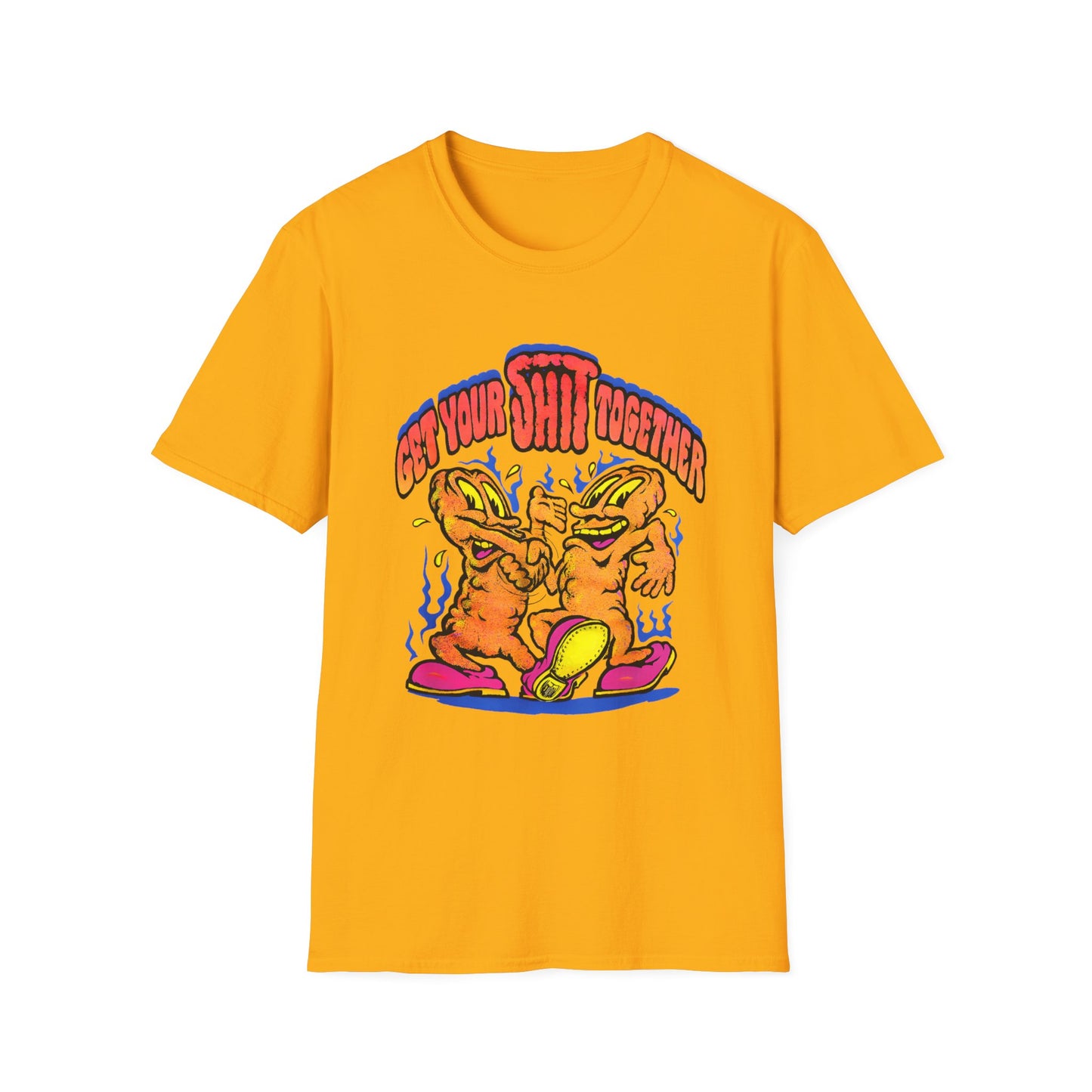 1970s graphic "get your shit together" two shits shaking hands tshirt