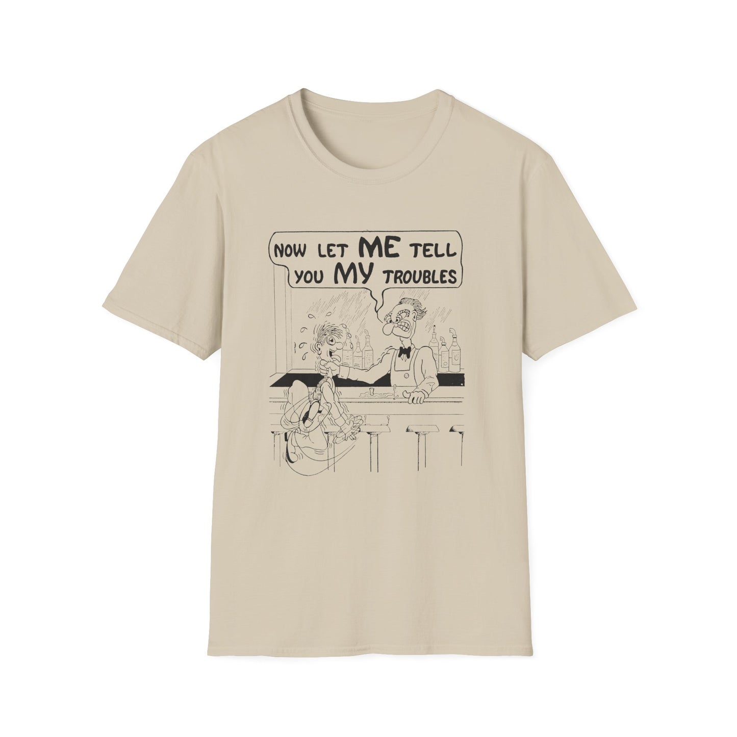 vintage postcard comic now let me tell you my troubles bartender tshirt