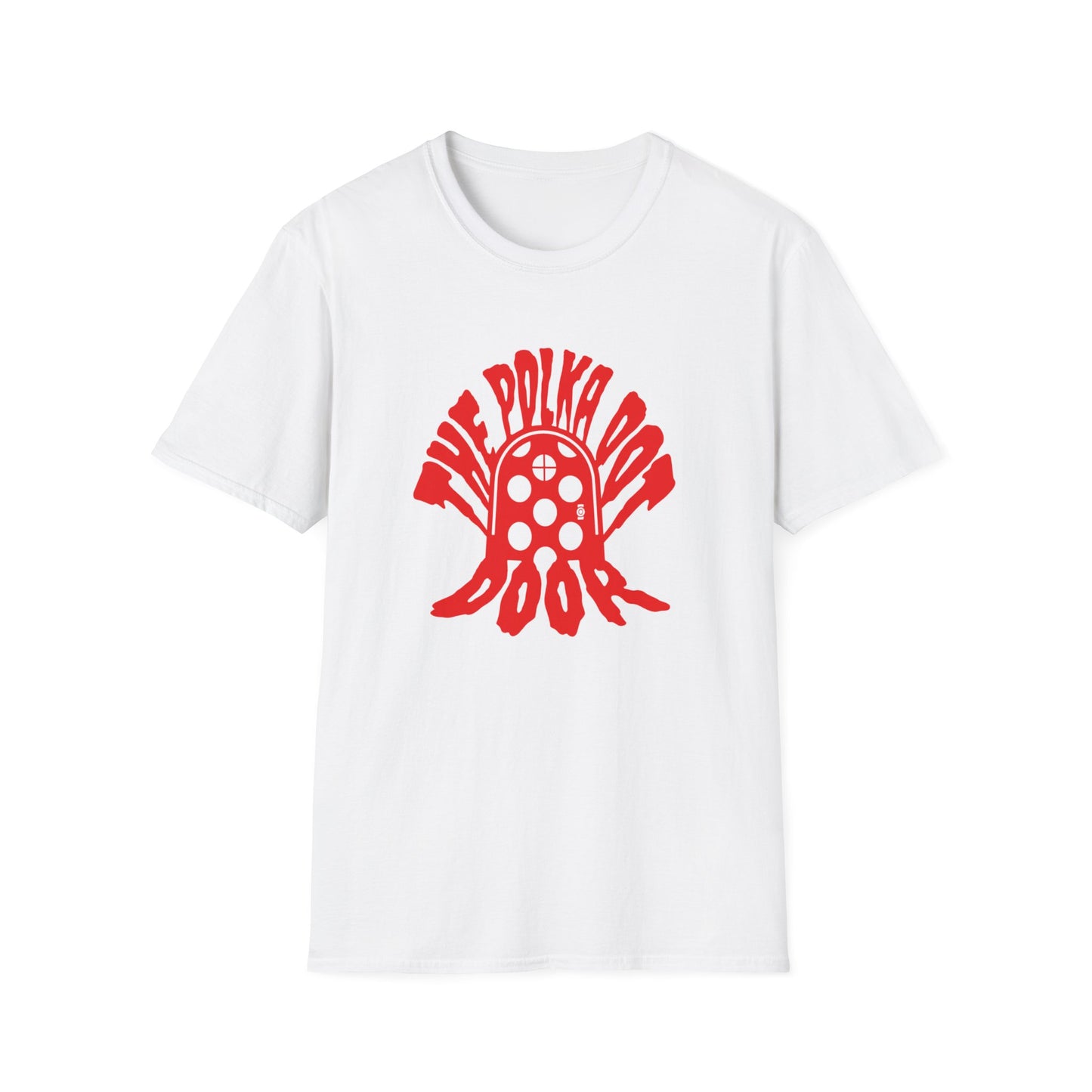 the polka dot door in red creepster font tshirt