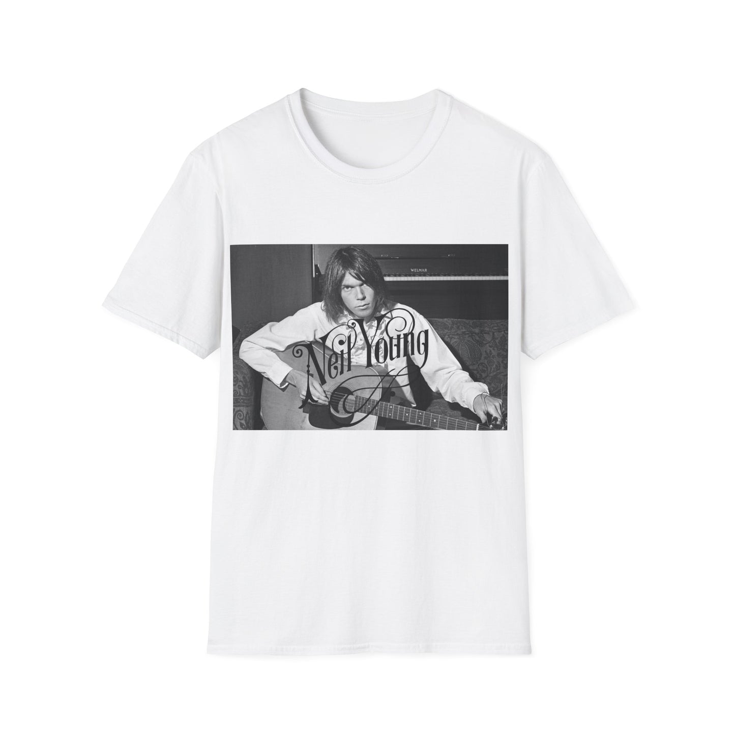 young neil young playing his acoustic guitar tshirt