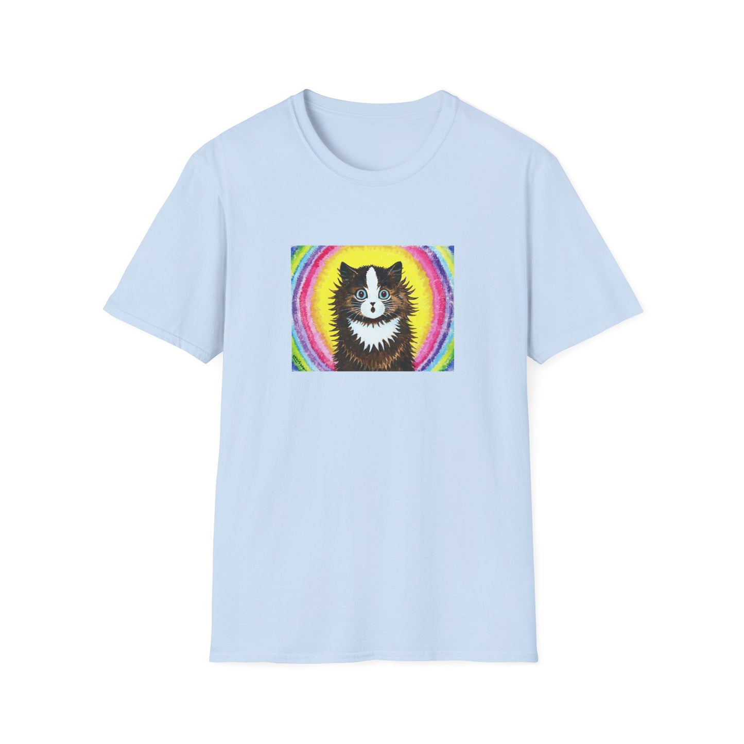 louis wain cat in a rainbow watercolour and gouache on paper reproduction tshirt