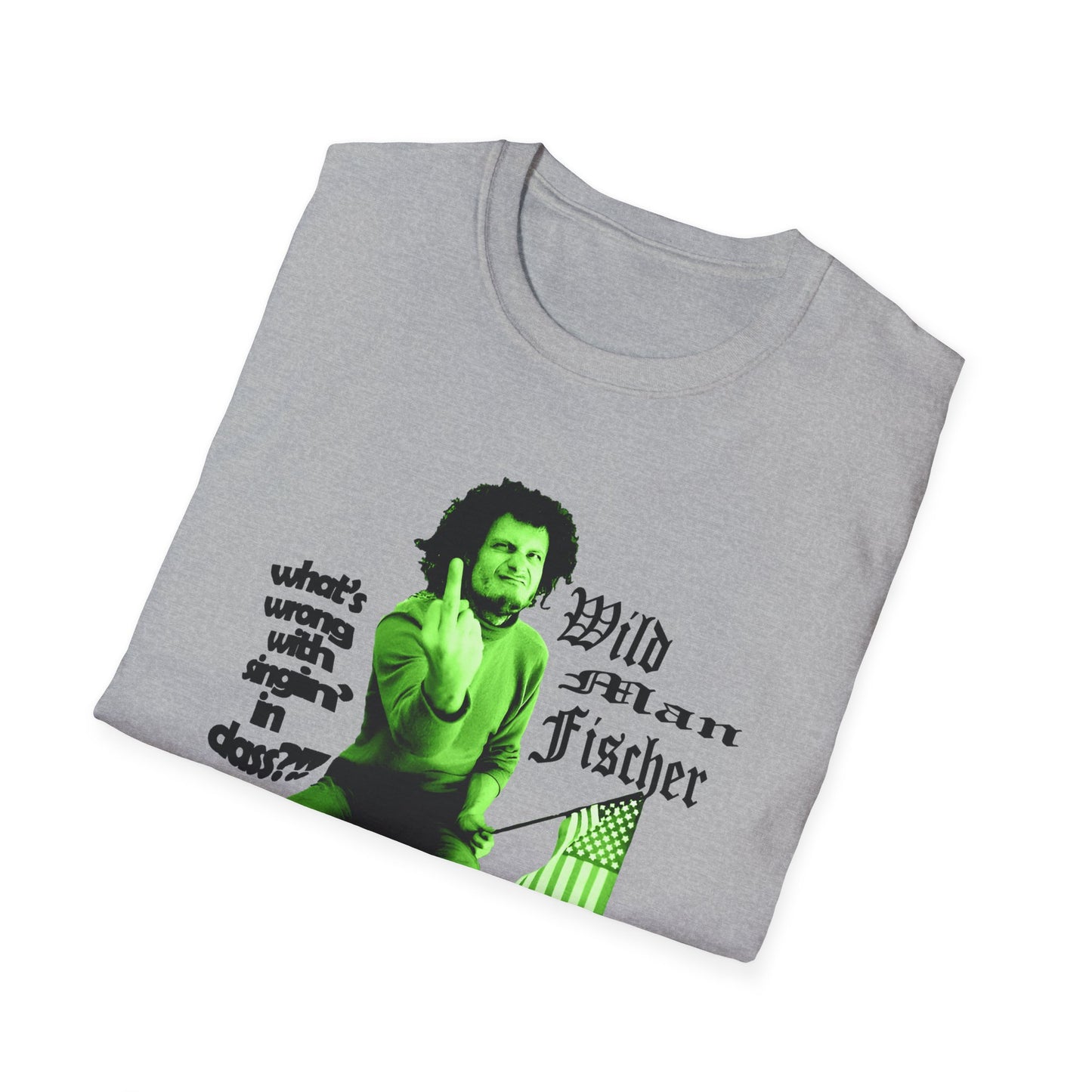 wild man fischer middle finger in green tshirt