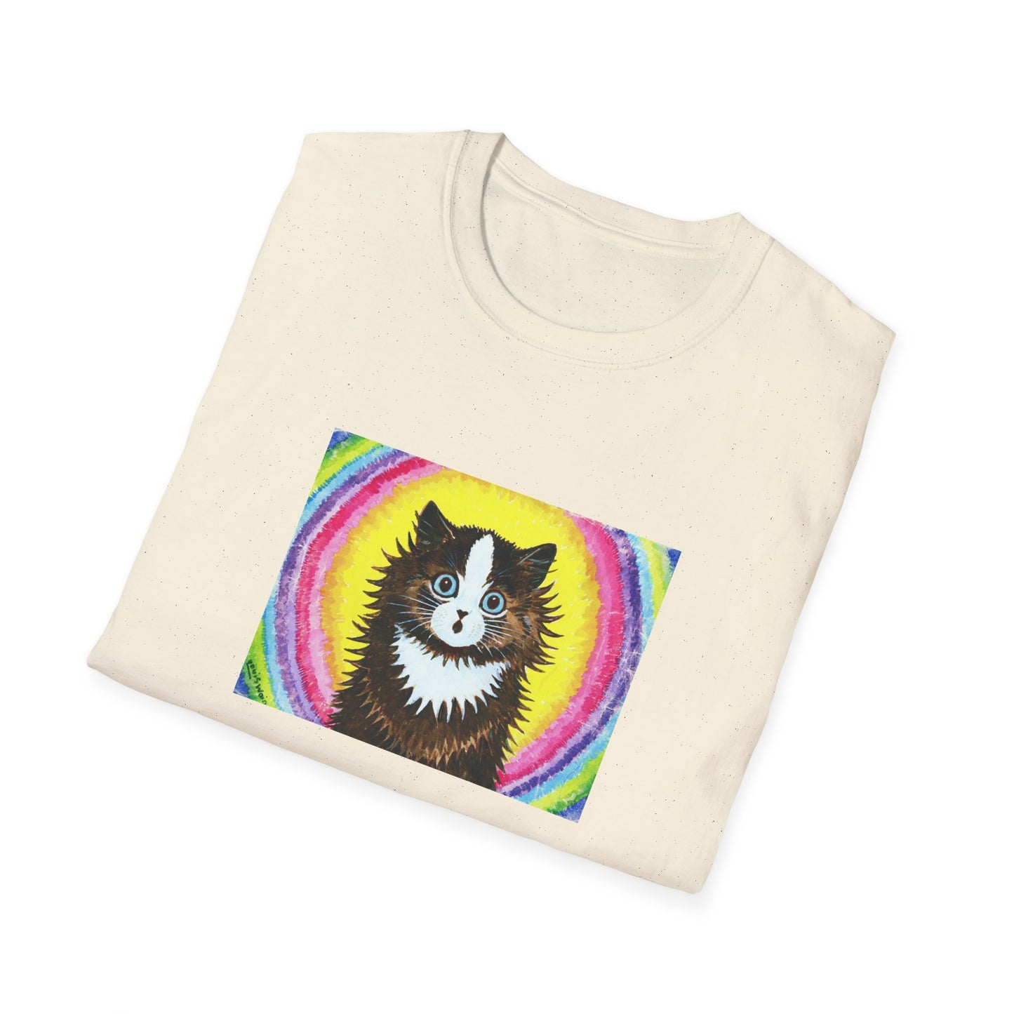 louis wain cat in a rainbow watercolour and gouache on paper reproduction tshirt