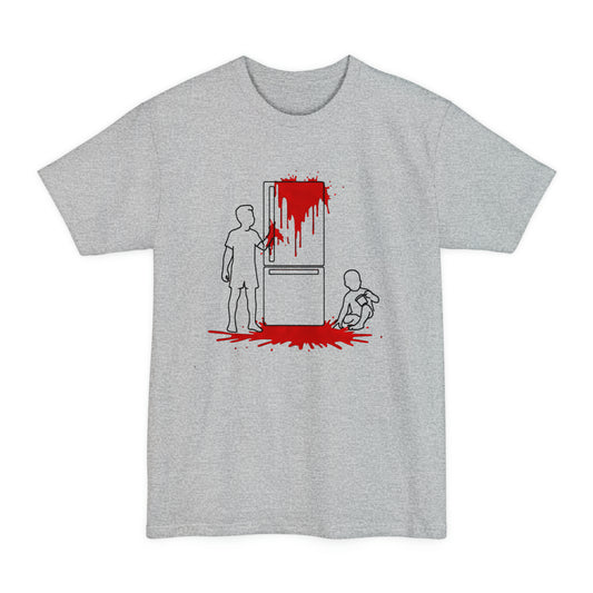 oversized weird kitchen scene with blood on a fridge tall beefy longline tshirt