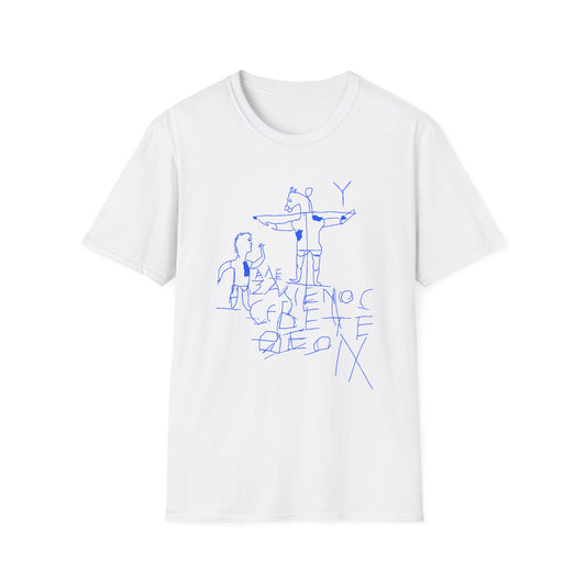 alexamenos graffito blasphemous young man worships donkey early graffiti 200 BC in blue tshirt