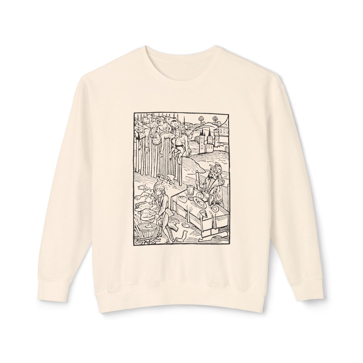 vlad the impaler dining near the mutilated bodies of his victims 1499 german woodcut by ambrosius huber 100% cotton sweatshirt