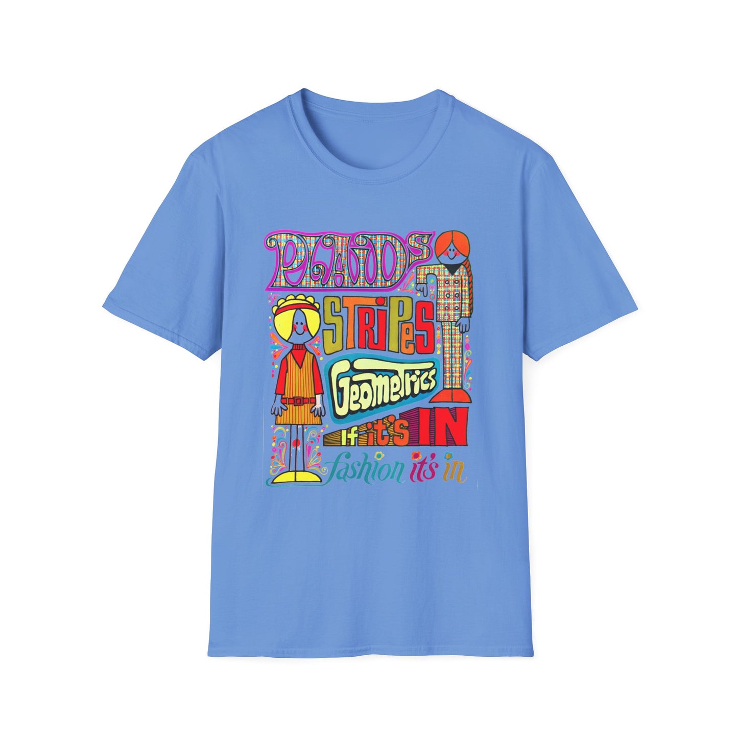 late 1960s fashion it's in advertisement for plaids, stripes, and geometrics tshirt