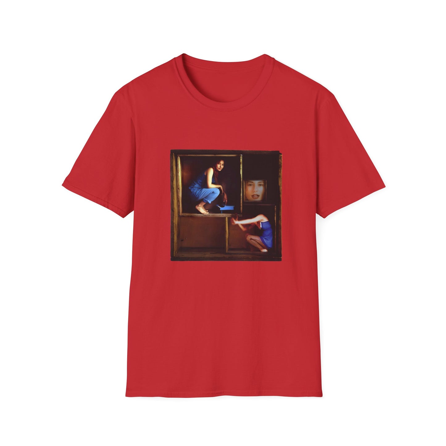 tori amos on a shelf in a crate playing a small piano surrounded by other amos's on a tshirt