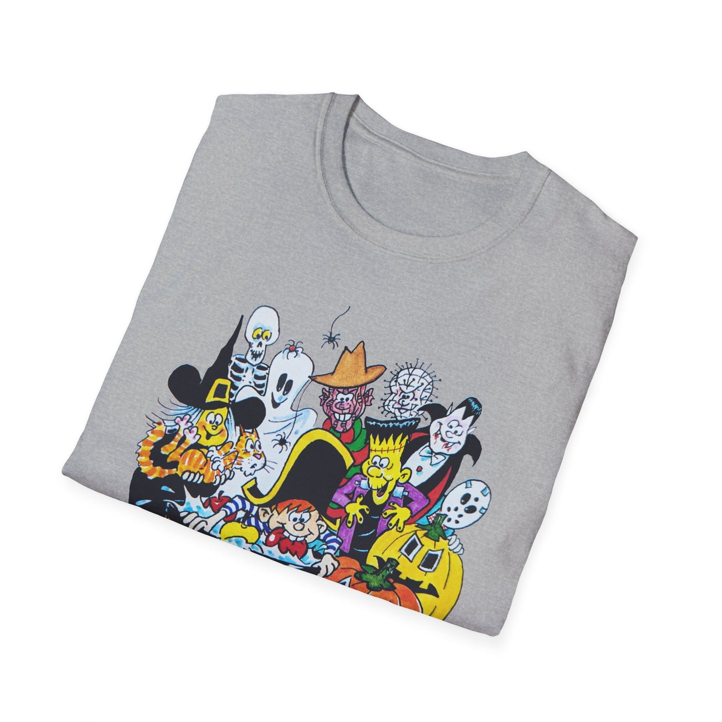 adorable cartoon witches, skeletons, jasons, freddys, and pumpkins halloween tshirt