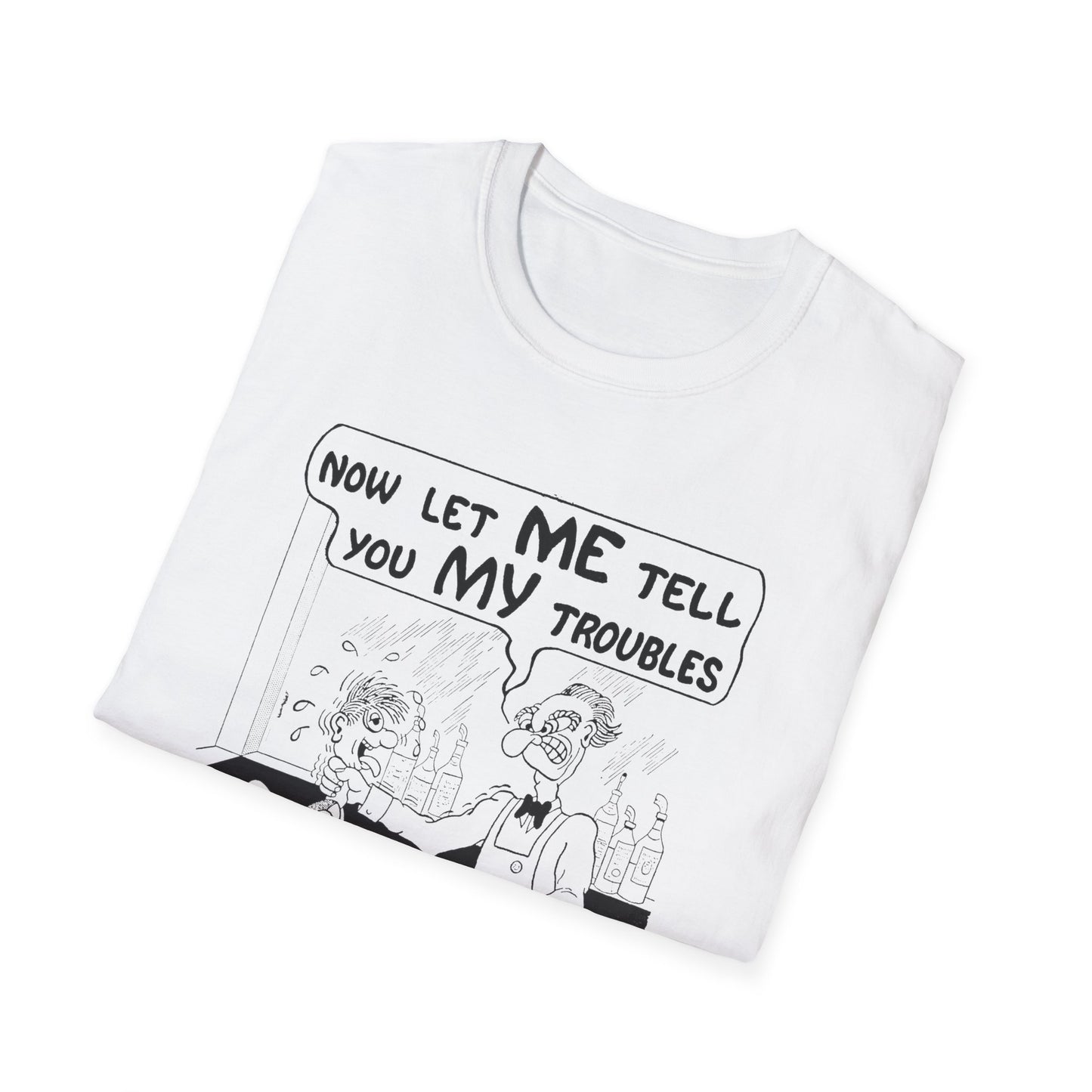 vintage postcard comic now let me tell you my troubles bartender tshirt