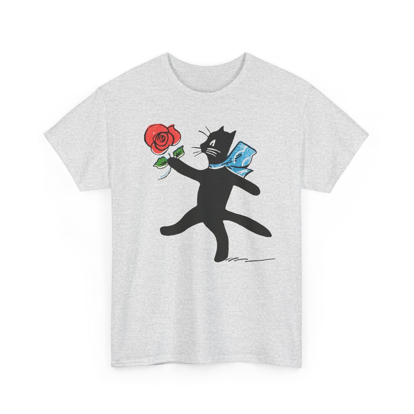early 1900s french illustration of black cat with flower reproduction tshirt