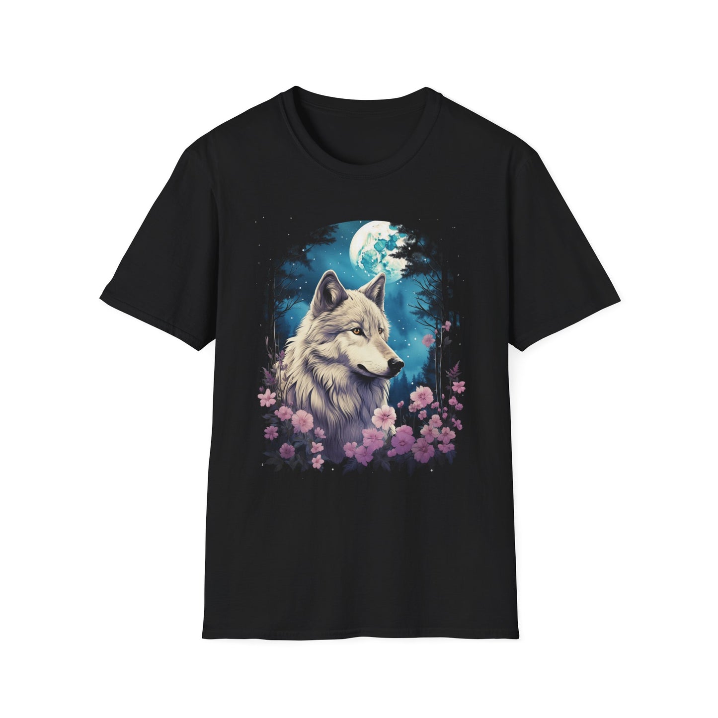1980s style illustration of a white wolf and pink flowers under the moon tshirt