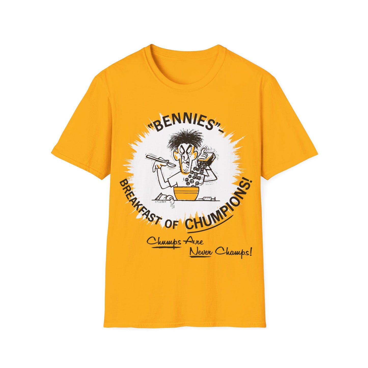 1960s/70s anti-drug poster tshirt "bennies - breakfast of chumpions! chumps are never champs!" by smartset smarteen s.o.s tshirt