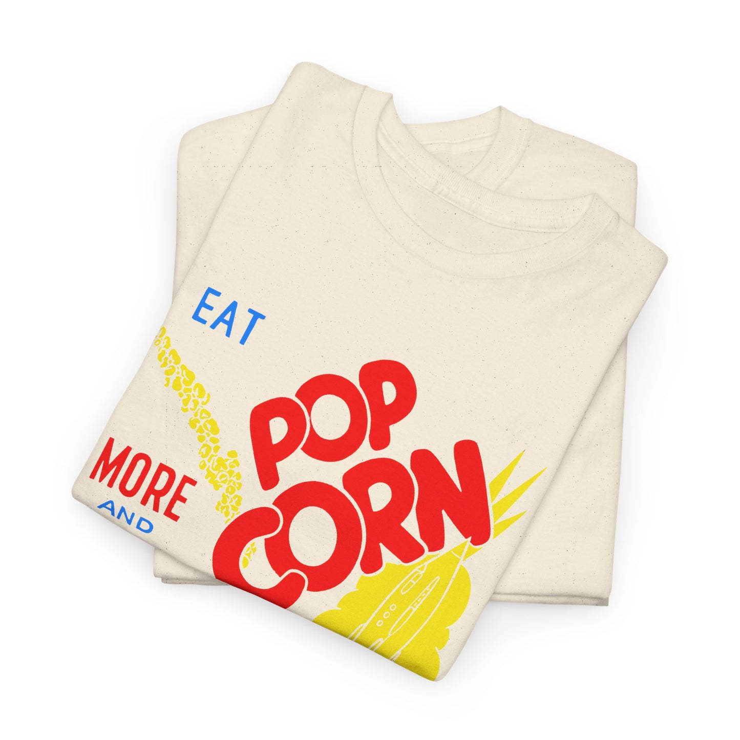 1950s coloured popcorn box logo eat popcorn more and more and more out of this world! tshirt