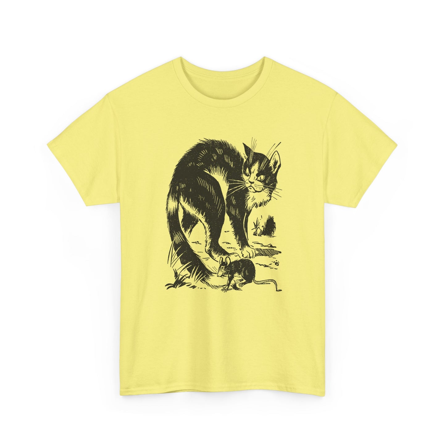 vintage french children's book illustration of angry cat and happy mouse reproduction tshirt