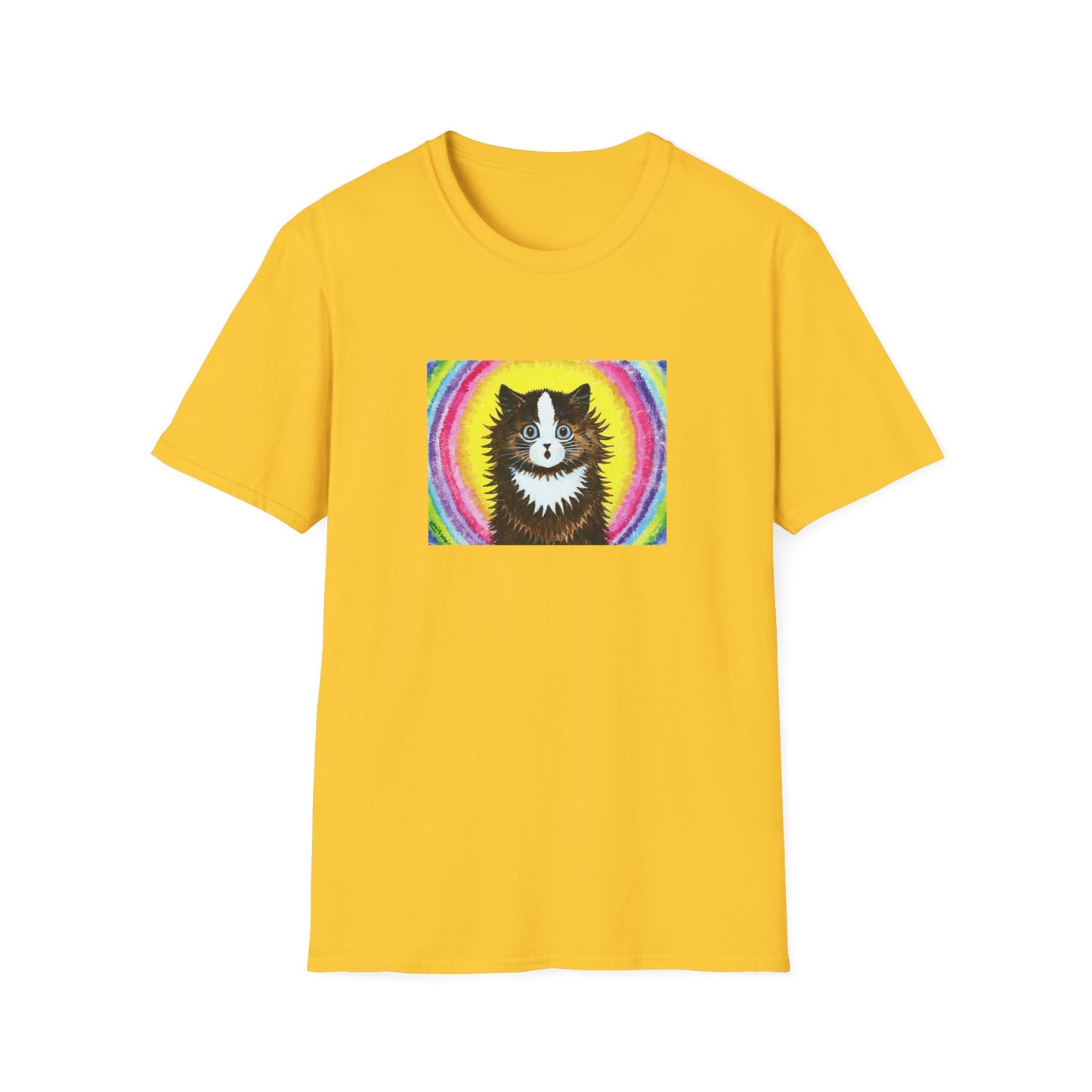 louis wain cat in a rainbow watercolour and gouache on paper reproduction tshirt