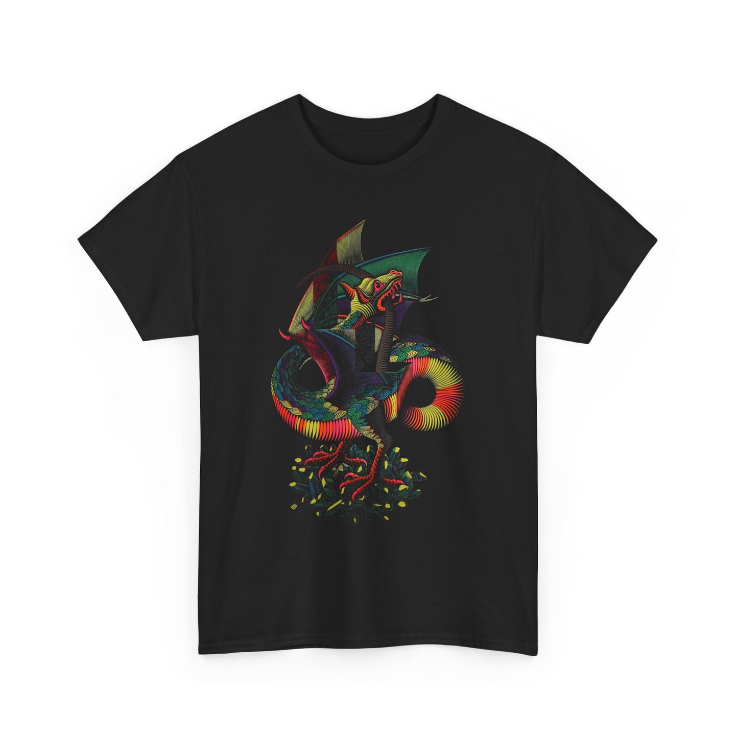 m.c escher 1952 woodcut dragon colorized reproduction tshirt