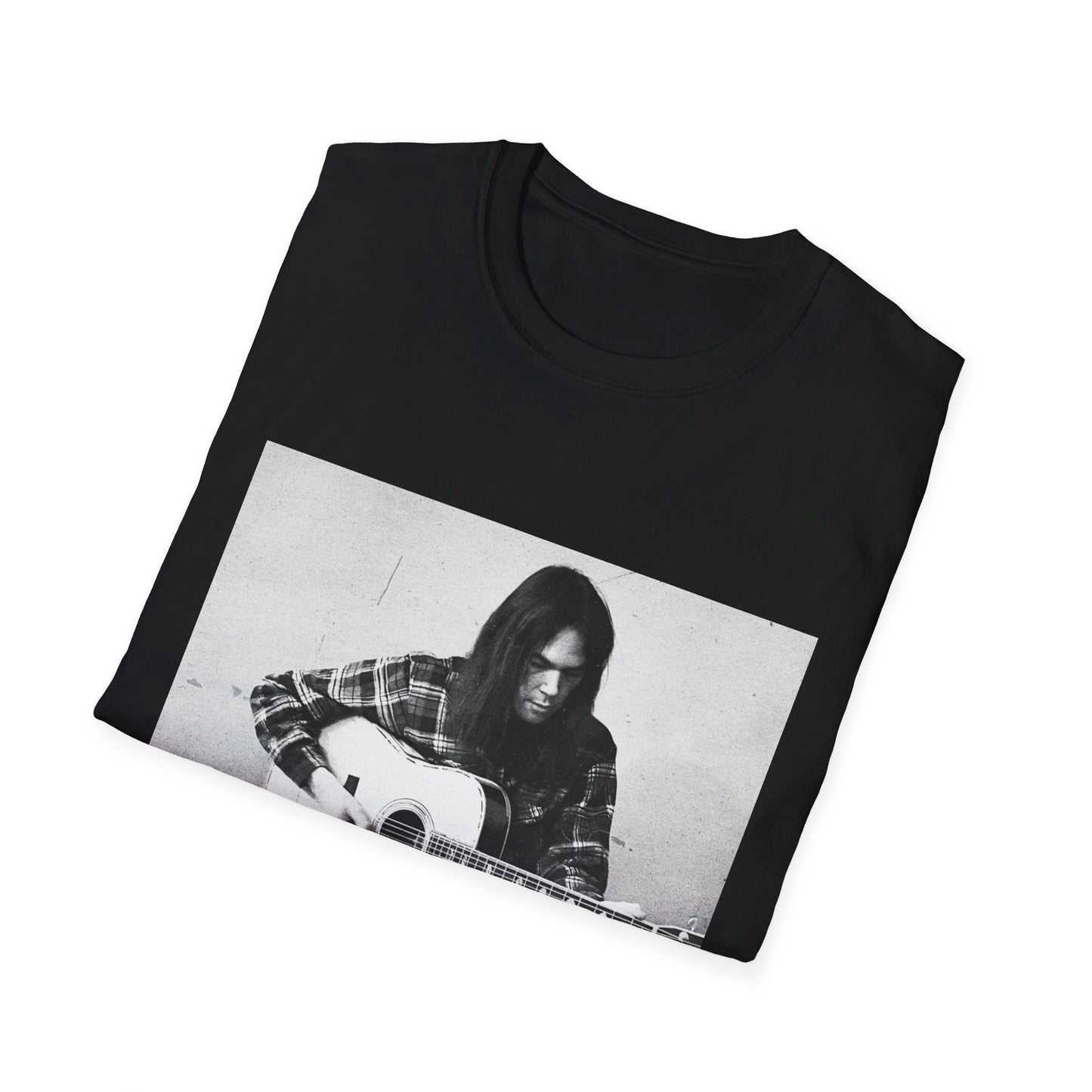 photo of a young neil young playing his acoustic guitar tshirt