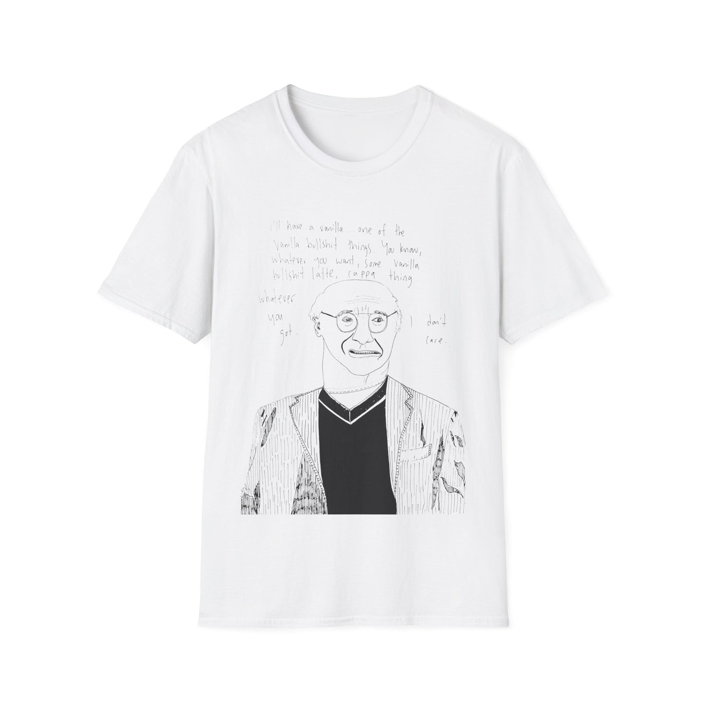 original drawing larry david ordering a vanilla latte bullshit thing on a tshirt