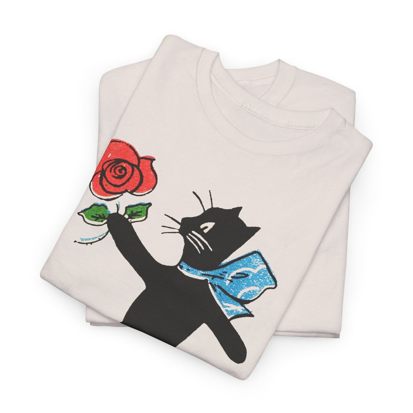 early 1900s french illustration of black cat with flower reproduction tshirt